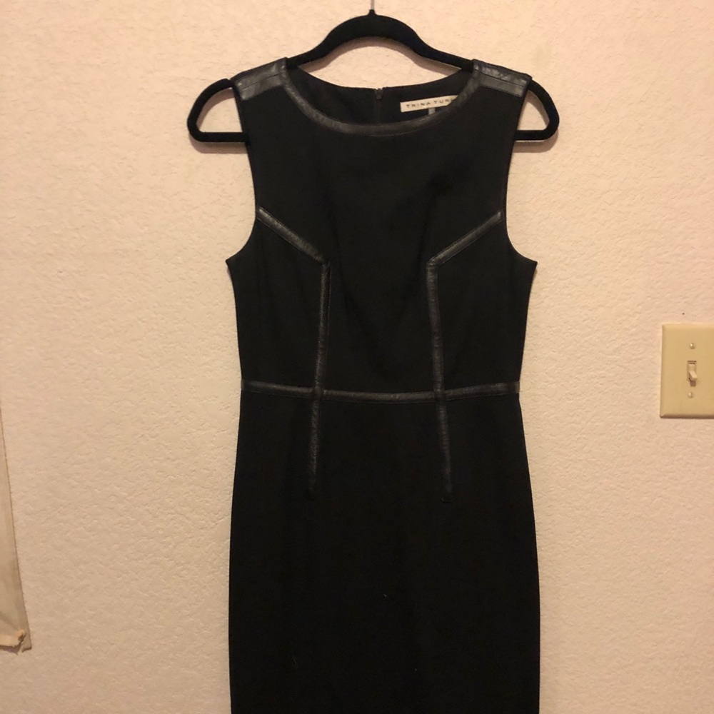 Black work dress leather pipping Trina Turk